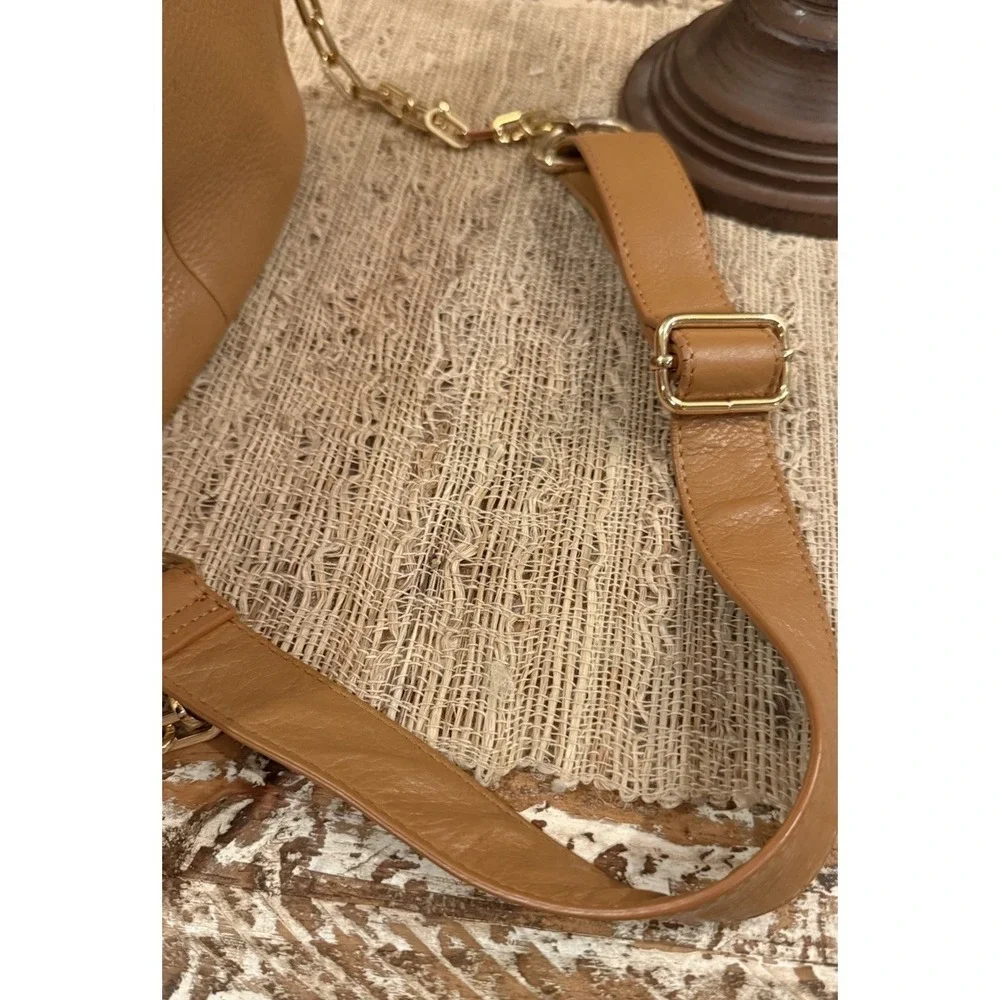 TORY BURCH Amanda British Tan Leather Crossbody Bag with Detachable Chain Strap - Picture 16 of 16